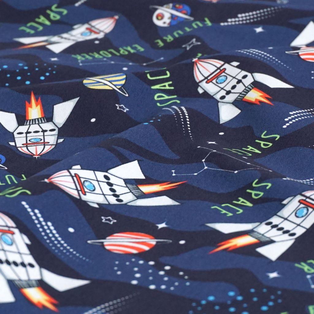 Baumwollstoff Motivdruck Raketen Space blau grau